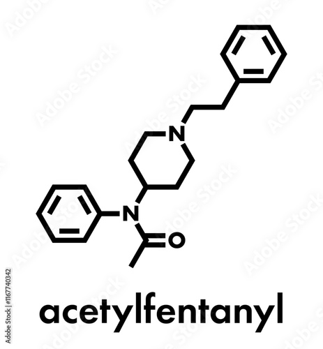 Acetylfentanyl synthetic opioid drug molecule. Skeletal formula.