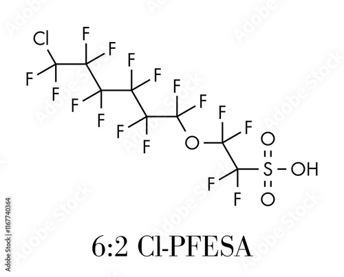 Chlorinated polyfluoroalkyl ether sulfonic acid (6:2 Cl-PFESA) PFAS class molecule. Skeletal formula.