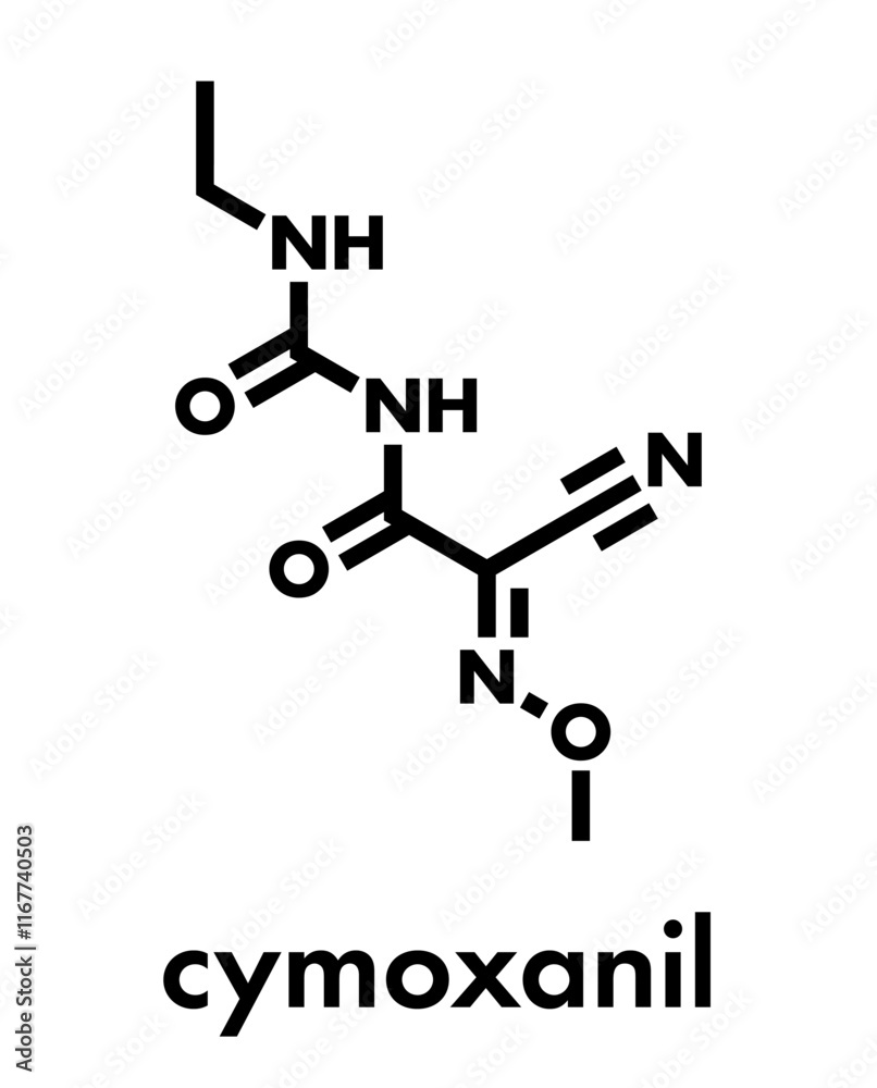 Cymoxanil fungicide molecule. Skeletal formula. Cymoxanil fungicide molecule. Skeletal formula.