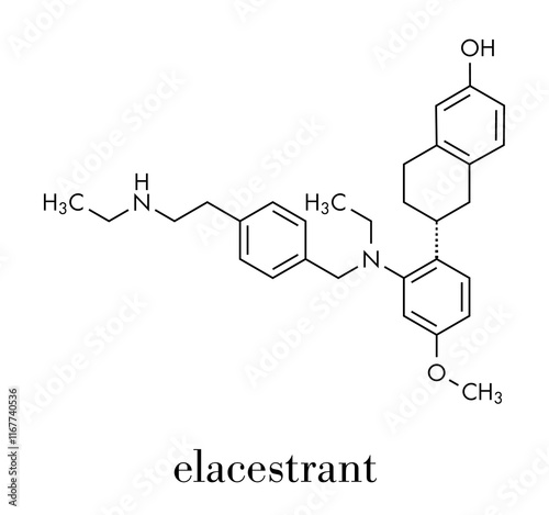 Elacestrant drug molecule. Skeletal formula.