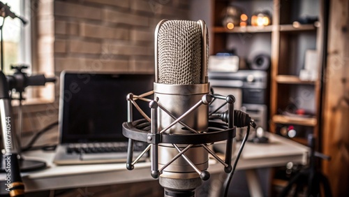 Selective focus on professional boom arm microphone for live broadcast on internet.