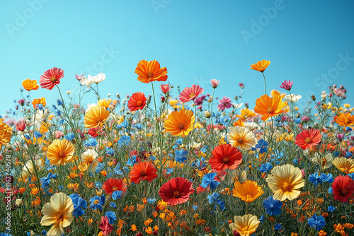 Photo réaliste professionnelle d’un champ vibrant de fleurs sauvages sous un ciel bleu clair, avec des fleurs colorées se balançant doucement dans la brise