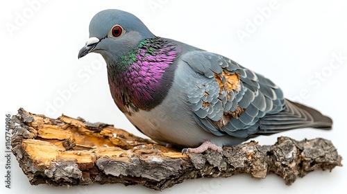 Rock Dove Columba livia classic gray pigeon iridescent neck feathers perched alone on a branch isolated on white background Perfect for urban wildlife concepts photo