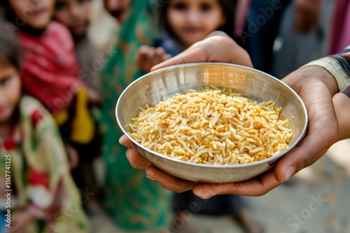 Hands hold bowl; rice dish; blurred children behind.