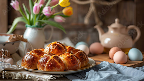 Hot Cross Buns with Easter Decorations on Rustic Table
