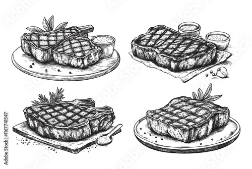 Roast meat engraving vector set. Plate paper wooden desk salt spices steak fried bbq food, monochrome retro ink sketch hand drawn grayscale isolated vectors on white background