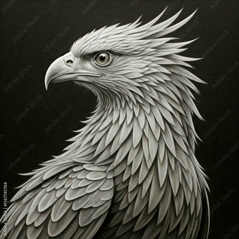 Obraz premium Monochromatic Phoenix Bird Side View: Mythical Firebird in Profile, Dramatic Lighting