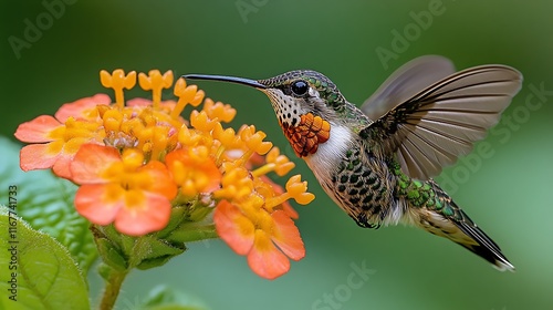 Rubythroated Hummingbird Archilochus colubris shimmering green body rubyred throat hovering near a vibrant flower with blurred natural background displaying rapid wingbeats photo