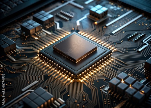 Advanced Technology Concept Visualization: Circuit Board CPU. Digital Lines Move Data