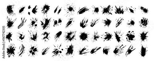 Speed comic effect black color vector set. Blast smash detonation explosion impact traces curved swirls, video game animation monochrome assets isolated on white background