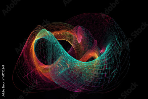 Dynamic abstract wave-like light trails in neon colors on a dark background photo