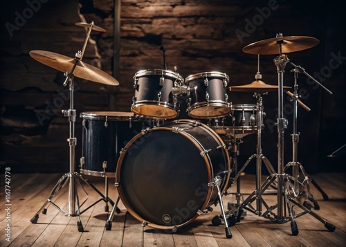 Snare drum on a blurred dark background, part of a drum kit.
