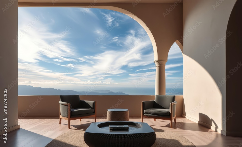 Armchairs near stucco arch wall minimalist japandi interior design of modern living room Japandi interior design interior design japandi style modern Armchairs near stucco arch wall minimalist japandi interior design of modern living room Japandi interior design interior design japandi style modern