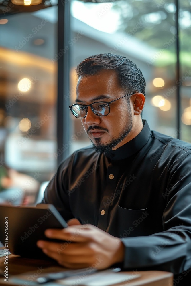 Man in dark shirt uses tablet, indoor setting. Man in dark shirt uses tablet, indoor setting.