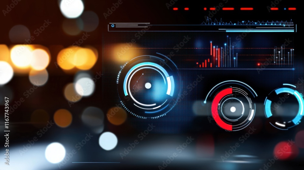 Fototapeta premium Data visualization event in technology hub interactive graphic interface with dynamic elements and dark background