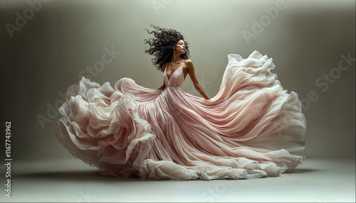 Elegant dancer twirls in flowing gown creating a stunning visual display of movement and grace