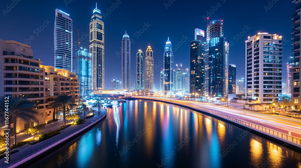 Fototapeta premium Nighttime urban cityscape with vibrant light trails from speeding vehicles, surrounded by towering skyscrapers and a reflective water canal.