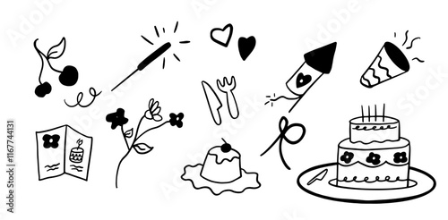Hand-Drawn Birthday Illustration Set | Minimalist Doodle Style Vector