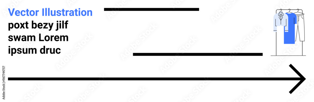 Arrow pointing right with text lines, and clothes on hanger. Ideal for marketing, presentations, e-commerce, fashion, navigation, progress reduction to essentials. Landing page Arrow pointing right with text lines, and clothes on hanger. Ideal for marketing, presentations, e-commerce, fashion, navigation, progress reduction to essentials. Landing page