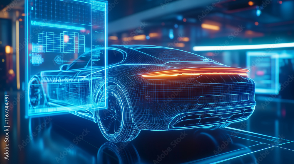 Advanced automobile with a digital blueprint interface, speed and technology highlighted through glowing data streams and holograms, futuristic backdrop. Advanced automobile with a digital blueprint interface, speed and technology highlighted through glowing data streams and holograms, futuristic backdrop.