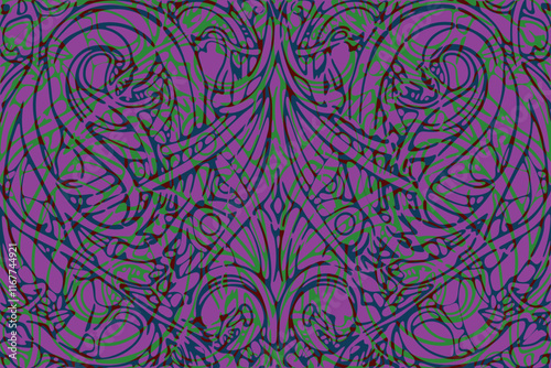 Intricate abstract design featuring swirling patterns and dynamic shapes in vibrant colors