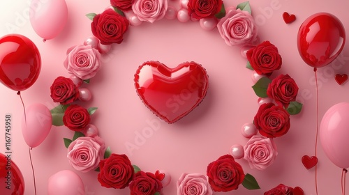 Valentine's Day promotional banner with red and pink decoration theme, decorated with heart-shaped balloons and red roses arranged in a circle, Ai generated images photo