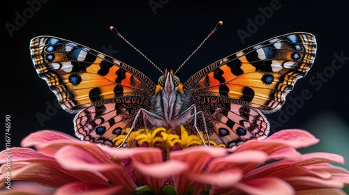 Close-up of a painted lady butterfly on a pink zinnia flower against a black background. photo