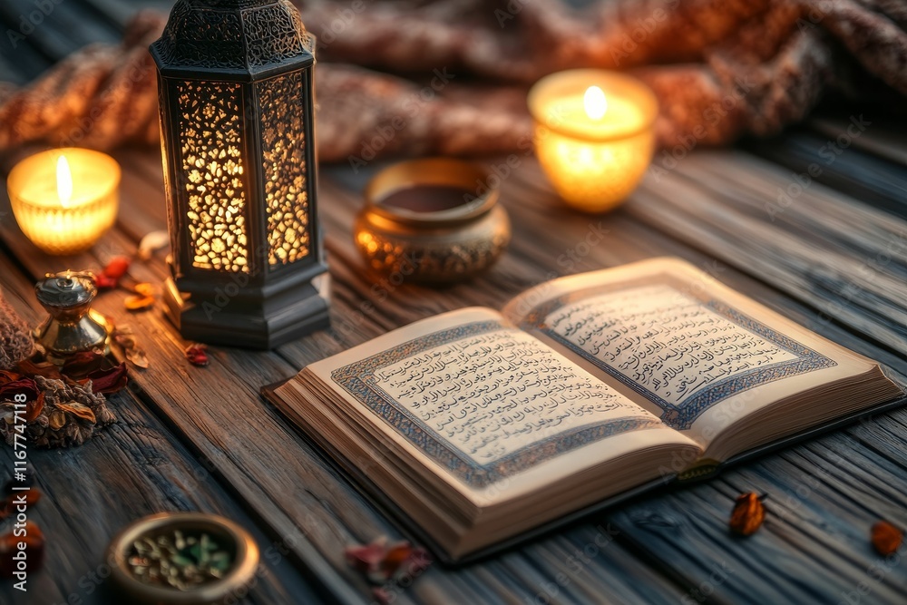 Fototapeta premium Open book, lantern, candles, wooden surface, incense.