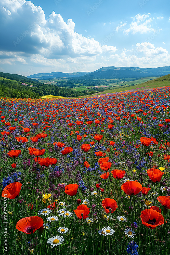 Obraz premium Photo réaliste professionnelle d’un champ paisible de fleurs sauvages avec des coquelicots, des marguerites et de la lavande sous un ciel bleu éclatant, créant une scène printanière pittoresque