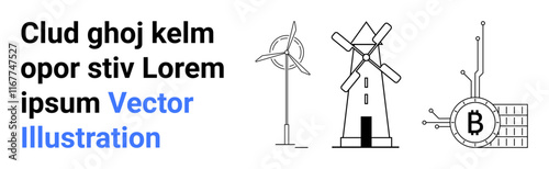 Black and white vector images of wind turbine, windmill, and Bitcoin mining farm. Ideal for renewable energy, cryptocurrency, blockchain, farming, technology, sustainability, green energy. Landing