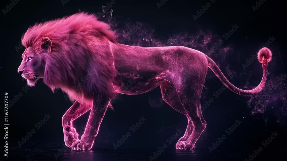 A neon lion with bright pink and purple accents stands out against a dark background. Slow motion.