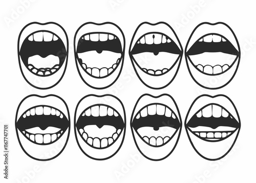 Set of smile mouths for cartoon character. The mouth makes different sounds, shows emotions. Laughs, sings, growls, screams, sings, gets angry, fangs, whistles and rejoices. Isolated vector on white