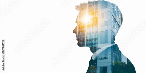 Businessman with city silhouette in bright sunlight