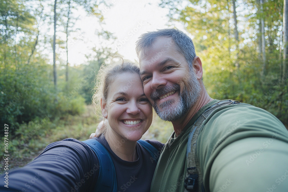 Couple enjoying a sunny hike in a serene forest Couple enjoying a sunny hike in a serene forest