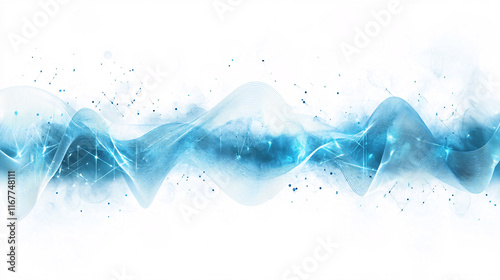 a glowing translucent blue wave with soft sparkling particles on a clean white background creating a futuristic abstract flow  

