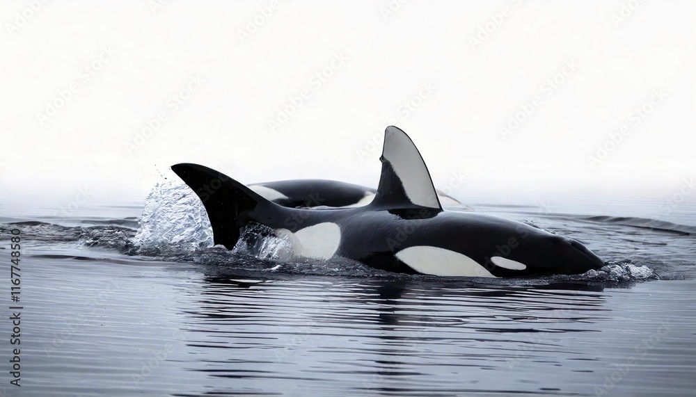 Fototapeta premium Orcas swimming gracefully in calm waters, white isolate background.