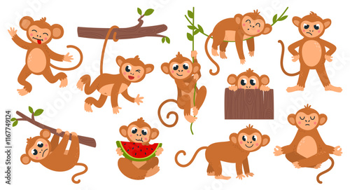 Cartoon monkey. Funny exotic monkeys, wild tropical animals with various emotions and poses. Primates eat, rest on vines, peek, classy vector characters