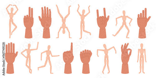 Wooden hand mannequin and man figure. Art supplies, articulated figures in different poses for modeling, drawing, creations. Artistic tools racy vector set