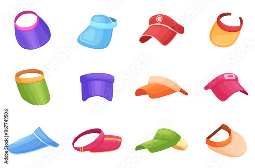 Cartoon visor caps. Headwear for sport training, fitness, workout. Unisex head accessories for promoters, cashier, delivery man. Summer sun protect nowaday vector set