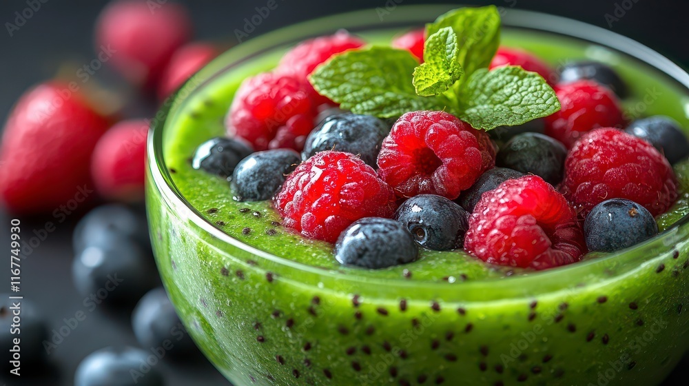 Green smoothie bowl topped with fresh raspberries, blueberries, and mint.