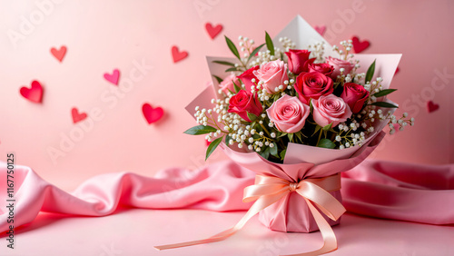 Valentine's Day Flower Bouquet with Roses in Soft Ambient Light photo