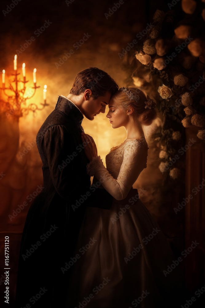 Romantic couple embracing in a softly lit setting decorated with roses and candlelight during an intimate moment Romantic couple embracing in a softly lit setting decorated with roses and candlelight during an intimate moment