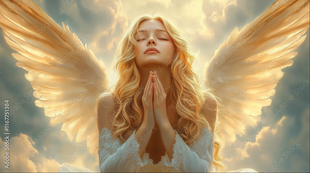 Ethereal angel with golden wings praying amidst clouds during twilight in a serene sky Ethereal angel with golden wings praying amidst clouds during twilight in a serene sky