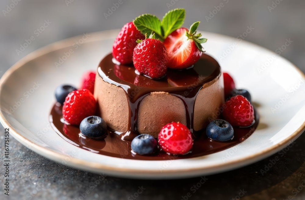 elegant chocolate dessert topped with fresh berries drizzled with sauce on white plate. gourmet presentation for culinary art or dessert menu. restaurant advertising. elegant chocolate dessert topped with fresh berries drizzled with sauce on white plate. gourmet presentation for culinary art or dessert menu. restaurant advertising.