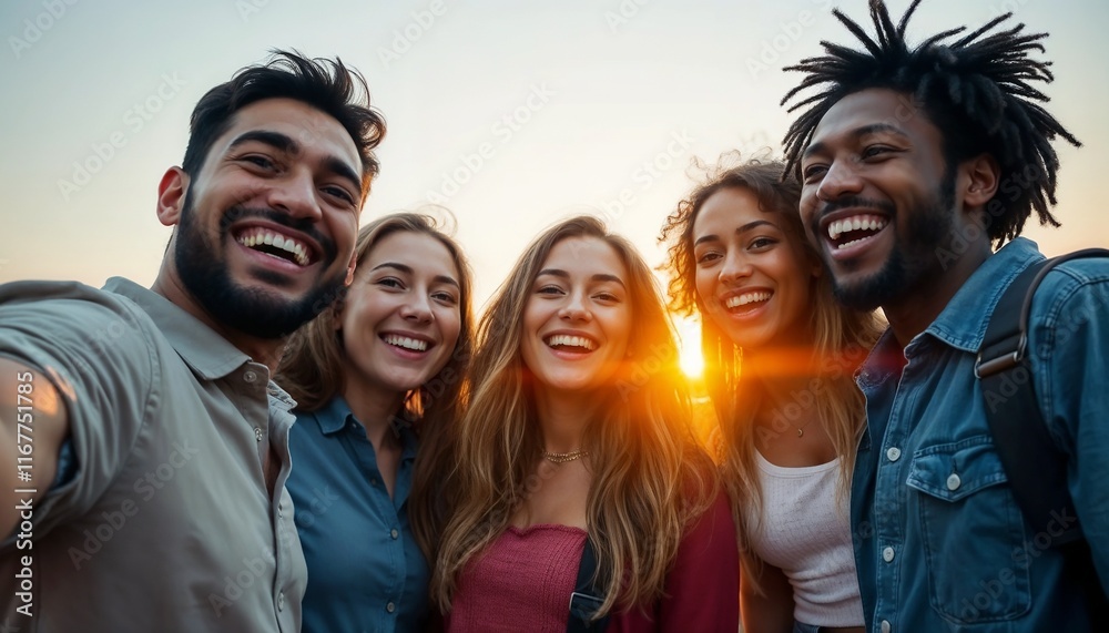 Group of cheerful friends smiling together at sunset, enjoying life and friendship Group of cheerful friends smiling together at sunset, enjoying life and friendship