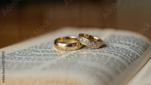 Two wedding rings on open bible page, symbolizing love and commitment
