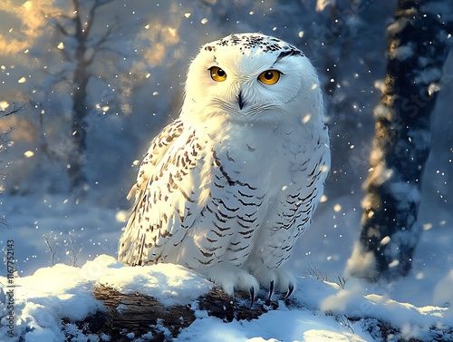 Snowy Owl Bubo scandiacus majestic white owl piercing yellow eyes sitting calmly on a snowcovered log against a frosty tundra