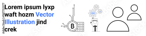 Depicts Bitcoin symbol with network nodes, mechanical hand, and gears labeled COM. Two human outlines. Ideal for finance, cryptocurrency, blockchain, technology, business, networking, and digital