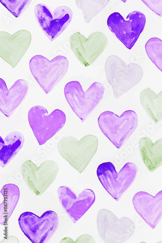 Colorful heart patterns, watercolor style, vibrant purple and green hues, playful design, ideal for romantic themes.