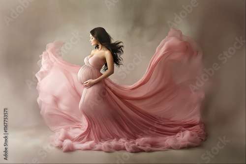Expecting mother gracefully posing in flowing pink gown amidst soft, dreamy background